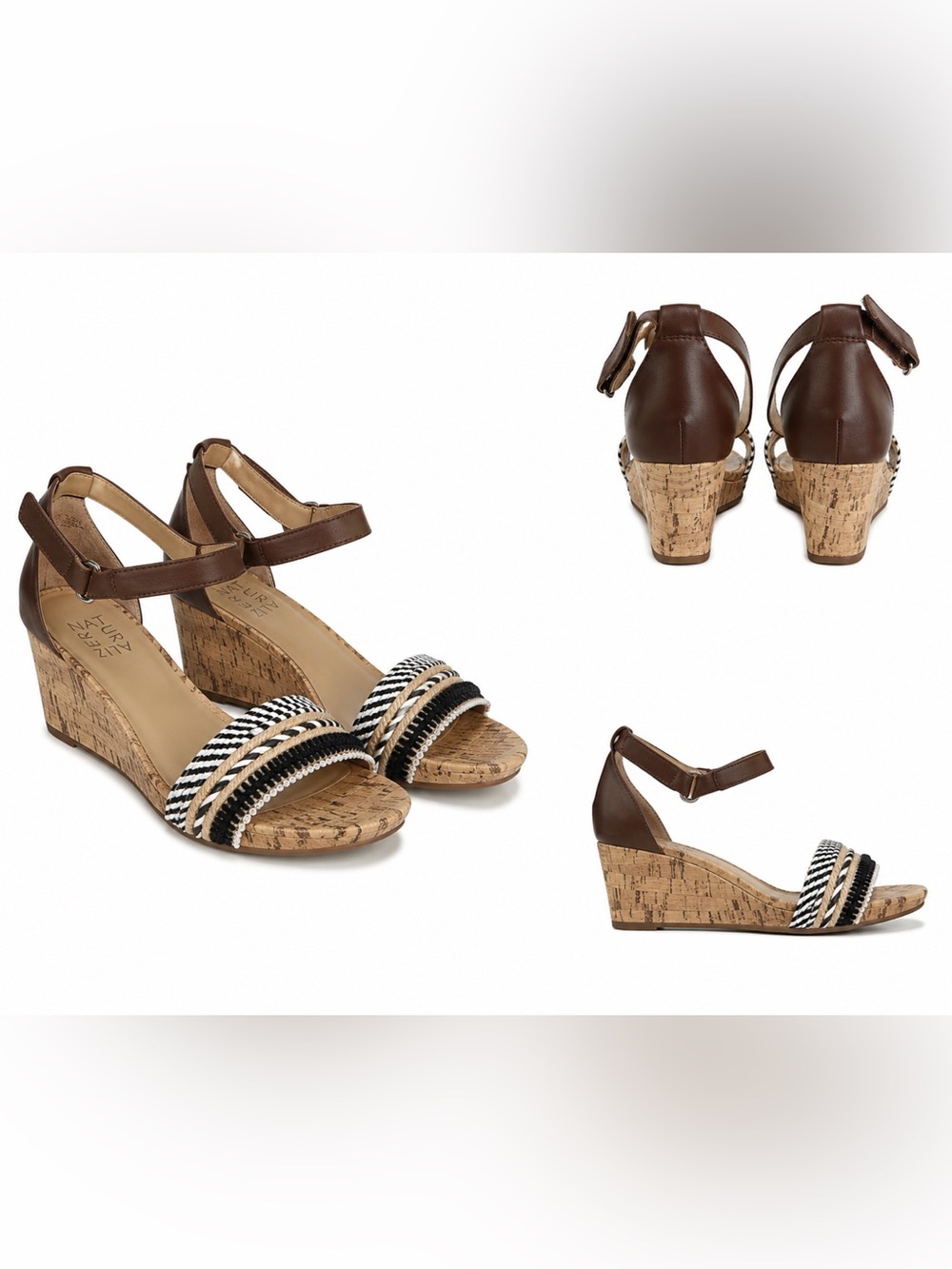 201. Naturalizer Brown Cork Wedge Sandals with Braided Black & Cream Straps